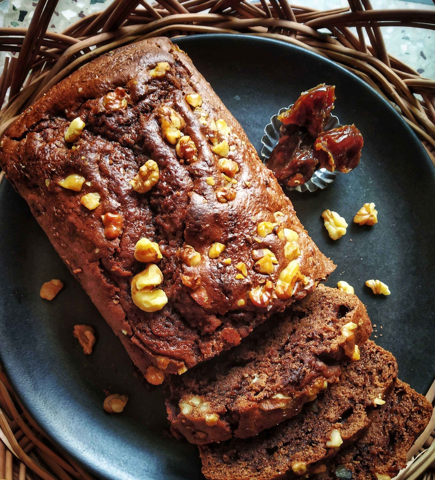 Dates Walnuts and Chocolate Eggless Tea Cake